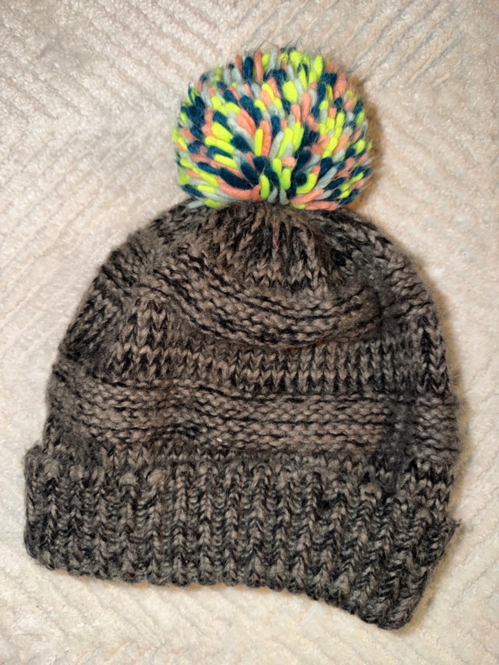 Gray Knit Beanie with Neon Multi Pom - Women